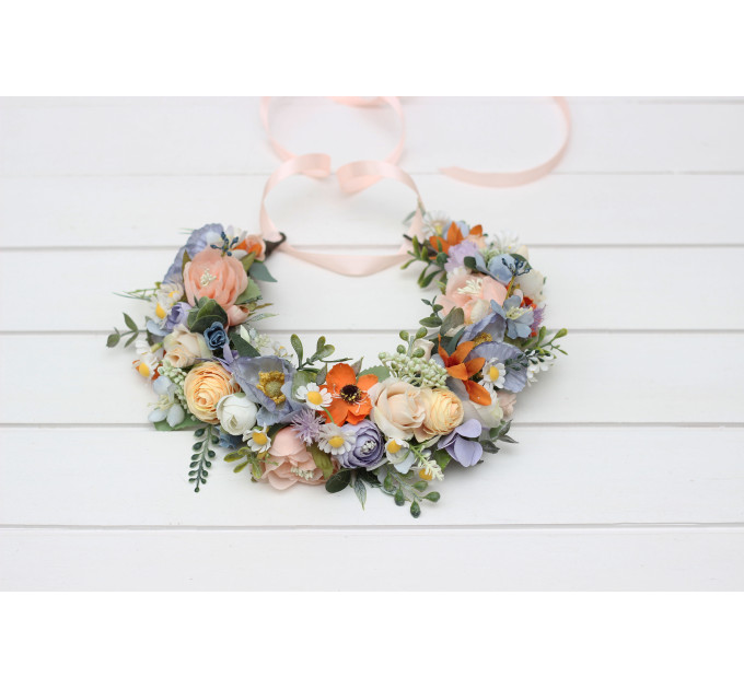 Peach, Orange, Dusty Blue, Ivory & Lilac Flower Crown | Wildflowers Hair Wreath