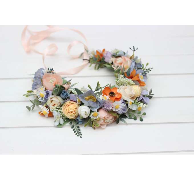 Peach, Orange, Dusty Blue, Ivory & Lilac Flower Crown | Wildflowers Hair Wreath