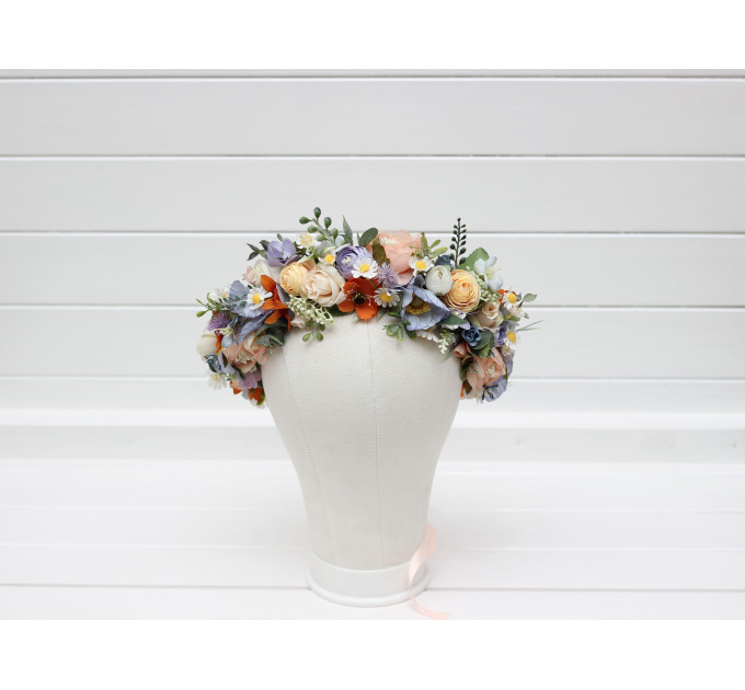 Peach, Orange, Dusty Blue, Ivory & Lilac Flower Crown | Wildflowers Hair Wreath