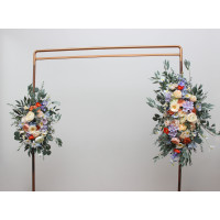 Pastel arch flowers.  Wildflowers wedding arrangement. Colorful floral archway. Peach orange dusty blue ivory lilac wedding. Faux flowers for arbor.  5364