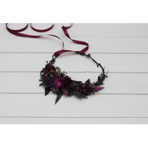 Black purple magenta flower crown. Hair wreath for wedding or Gothic Halloween ceremony.5370