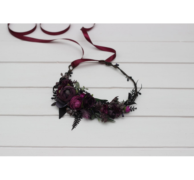 Black, Purple & Magenta Flower Crown | Wedding & Gothic Halloween Hair Wreath