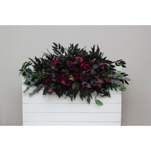 Purple, black, magenta, and green flower arrangement for a Halloween or Gothic wedding. 5370