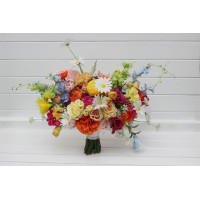 Bright orange magenta pink yellow blue bridal bouquet. Summer wedding. Wildflower faux bouquet. 5401