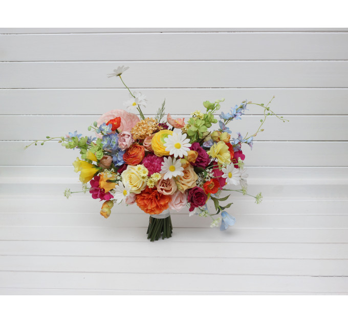 Bright Orange, Magenta, Pink & Yellow Bridal Bouquet | Summer Wildflower Faux Wedding Flowers