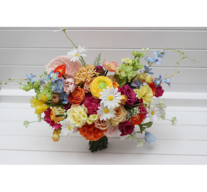 Bright Orange, Magenta, Pink & Yellow Bridal Bouquet | Summer Wildflower Faux Wedding Flowers