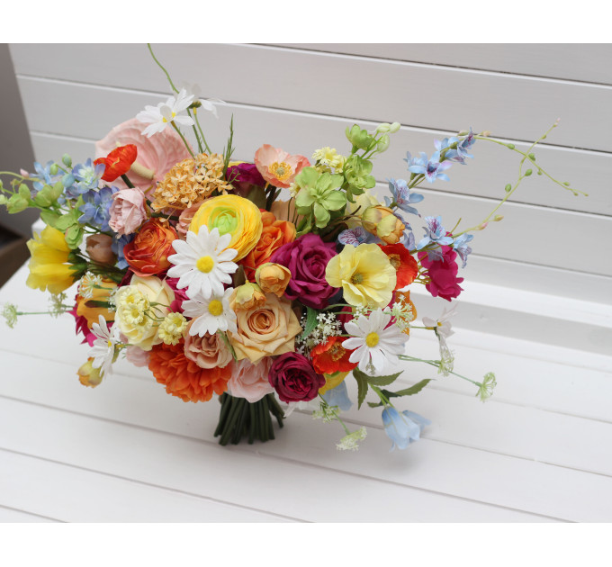 Bright Orange, Magenta, Pink & Yellow Bridal Bouquet | Summer Wildflower Faux Wedding Flowers