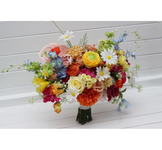 Bright Orange, Magenta, Pink & Yellow Bridal Bouquet | Summer Wildflower Faux Wedding Flowers