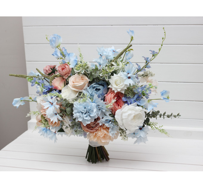 Peach, White & Dusty Blue Wildflower Bridal Bouquet | Faux Summer Wedding Flowers