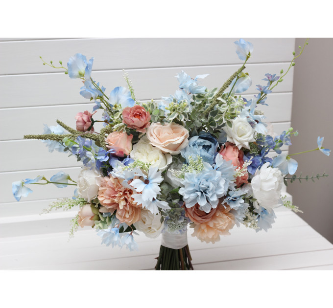 Peach, White & Dusty Blue Wildflower Bridal Bouquet | Faux Summer Wedding Flowers