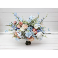 Peach white dusty blue bouquet for summer wedding Wildflowers pastel faux bridal bouquet.  5402
