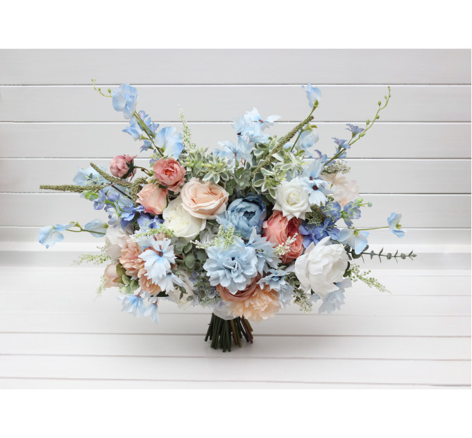 Peach, White & Dusty Blue Wildflower Bridal Bouquet | Faux Summer Wedding Flowers