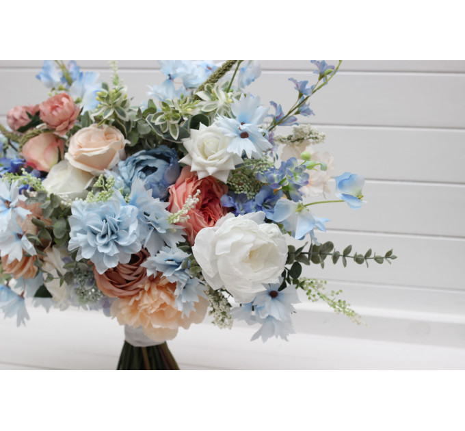 Peach, White & Dusty Blue Wildflower Bridal Bouquet | Faux Summer Wedding Flowers