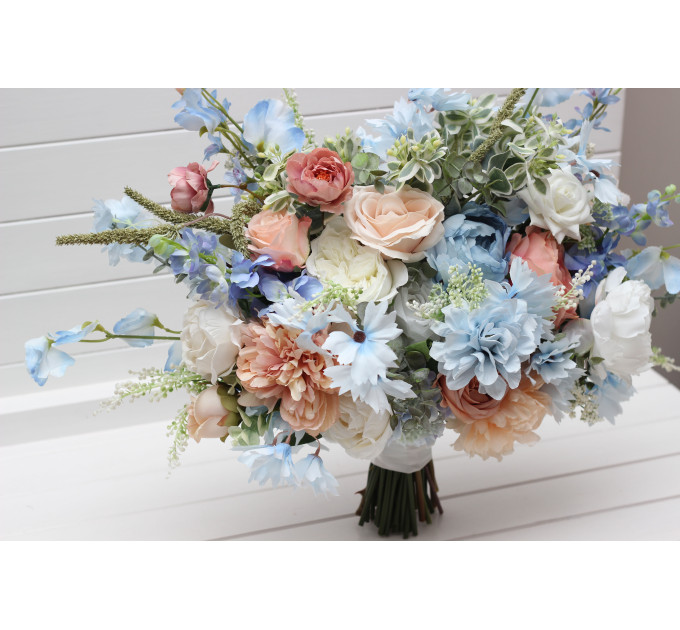 Peach, White & Dusty Blue Wildflower Bridal Bouquet | Faux Summer Wedding Flowers