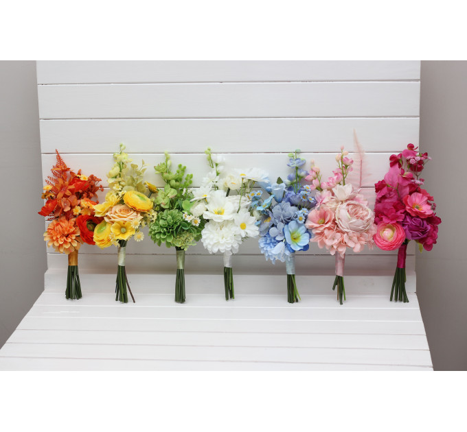 Orange, Magenta, Pink, Yellow, Dusty Blue & Green Bridesmaid Bouquet | Summer Wildflower Faux Wedding Flowers