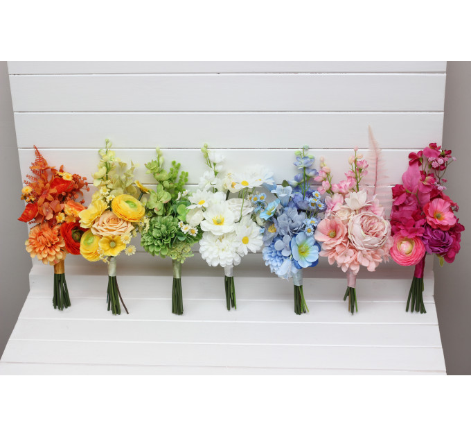 Orange, Magenta, Pink, Yellow, Dusty Blue & Green Bridesmaid Bouquet | Summer Wildflower Faux Wedding Flowers