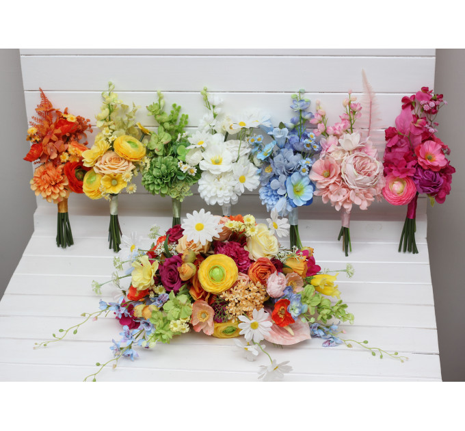 Orange, Magenta, Pink, Yellow, Dusty Blue & Green Bridesmaid Bouquet | Summer Wildflower Faux Wedding Flowers