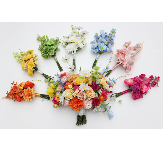 Orange, Magenta, Pink, Yellow, Dusty Blue & Green Bridesmaid Bouquet | Summer Wildflower Faux Wedding Flowers