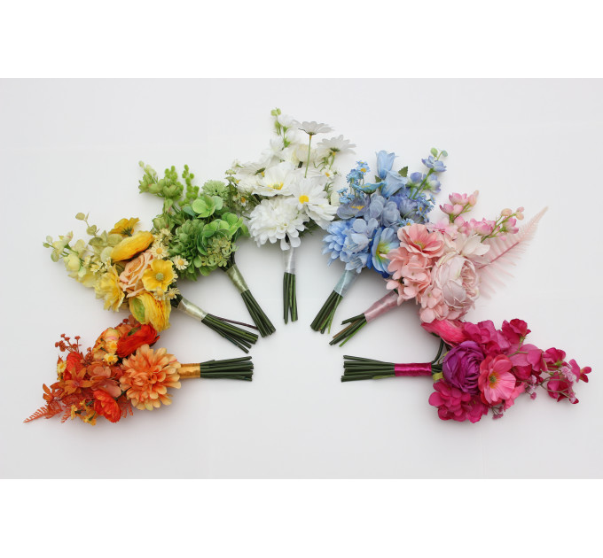 Orange, Magenta, Pink, Yellow, Dusty Blue & Green Bridesmaid Bouquet | Summer Wildflower Faux Wedding Flowers