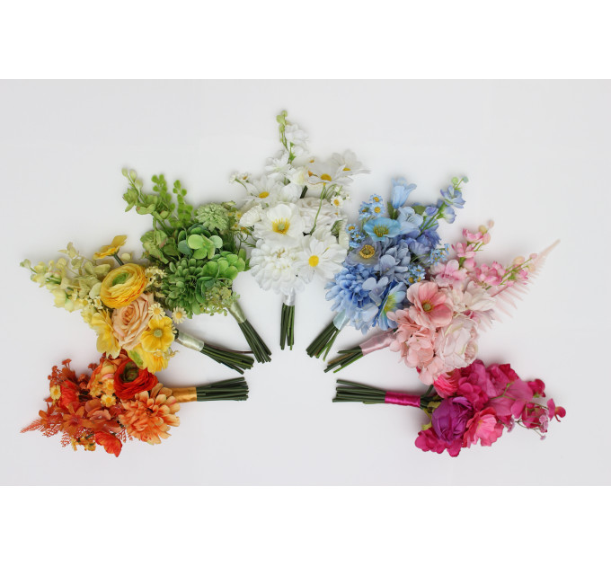 Orange, Magenta, Pink, Yellow, Dusty Blue & Green Bridesmaid Bouquet | Summer Wildflower Faux Wedding Flowers