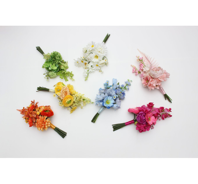 Orange, Magenta, Pink, Yellow, Dusty Blue & Green Bridesmaid Bouquet | Summer Wildflower Faux Wedding Flowers