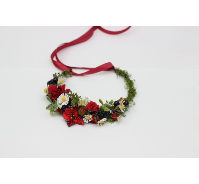 Flower Crown with Poppies, Daisies, and Berries | Woodland Hair Wreath for Flower Girl