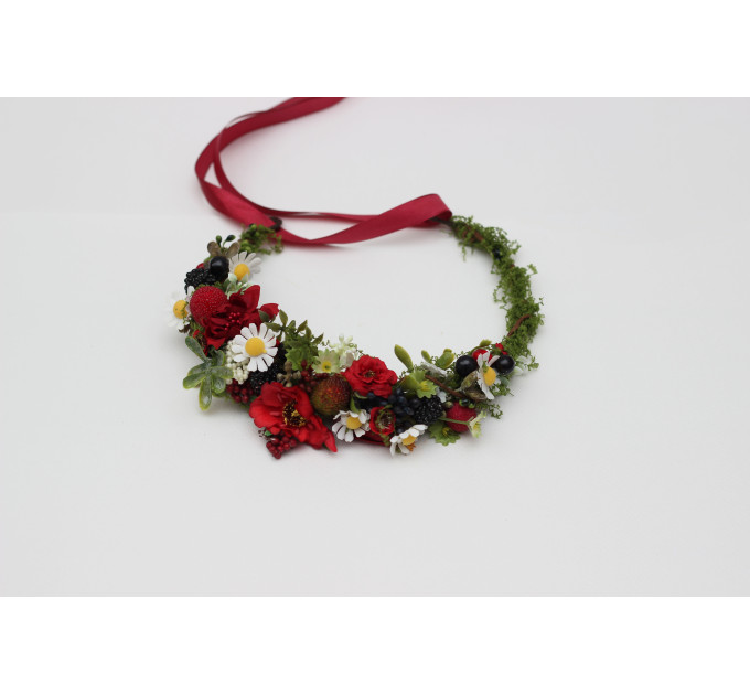 Flower Crown with Poppies, Daisies, and Berries | Woodland Hair Wreath for Flower Girl