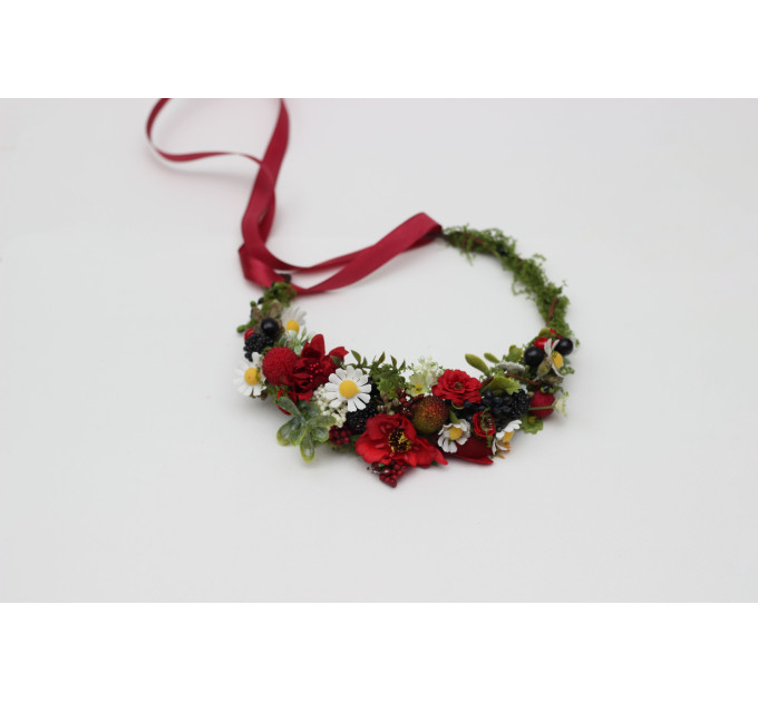 Flower Crown with Poppies, Daisies, and Berries | Woodland Hair Wreath for Flower Girl