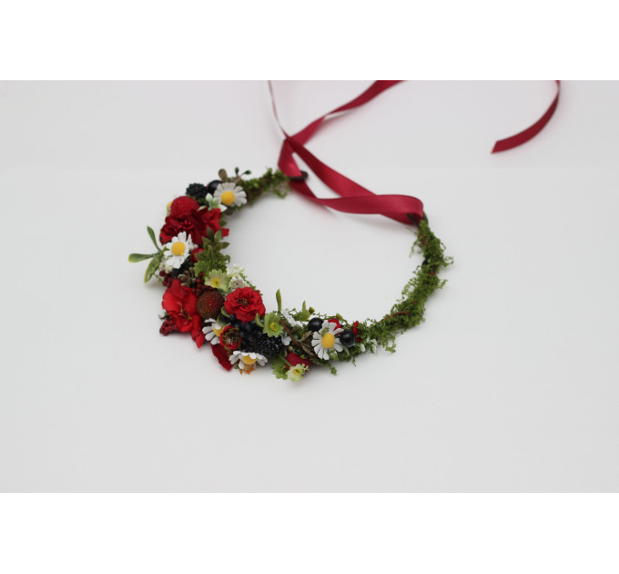 Flower Crown with Poppies, Daisies, and Berries | Woodland Hair Wreath for Flower Girl