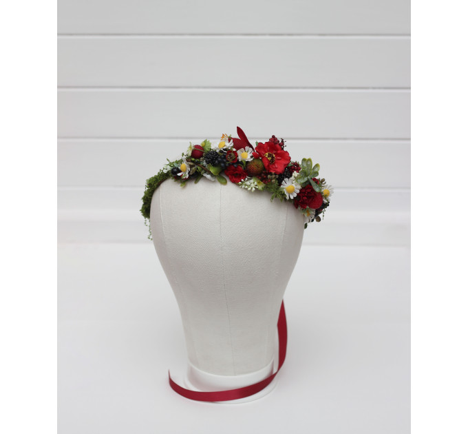 Flower Crown with Poppies, Daisies, and Berries | Woodland Hair Wreath for Flower Girl