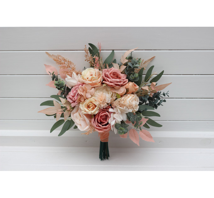 Cascading Boho Bridal Bouquet in Dusty Rose, Peach & Ivory | Faux Fall Wedding Flowers