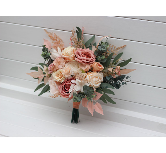 Cascading Boho Bridal Bouquet in Dusty Rose, Peach & Ivory | Faux Fall Wedding Flowers