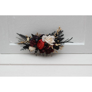 Flower comb in black rust ivory purple gold color scheme. Bridal flower comb. Bridesmaid floral comb. Halloween Gothic wedding. 5014