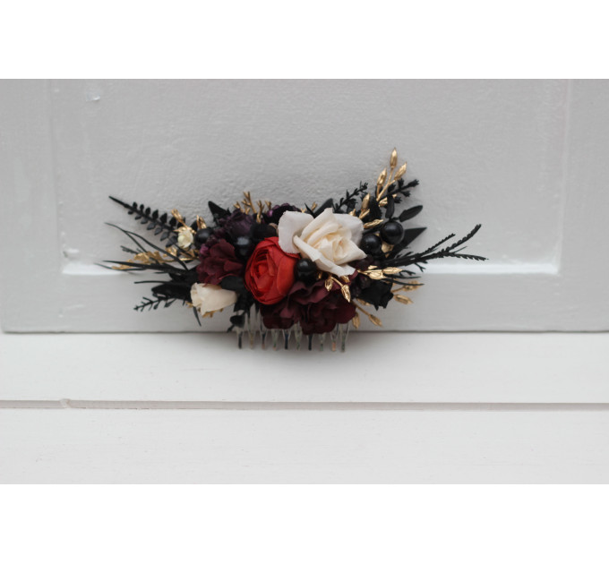 Flower Comb in Black, Rust & Gold Color Scheme | Bridal and Bridesmaid Floral Comb for Gothic Wedding