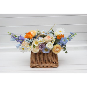 Bridesmaid basket with peach orange dusty blue ivory lilac flowers for farmer or garden wedding. Colorful wildflowers. Daisy poppy alternative bouquet. 5364