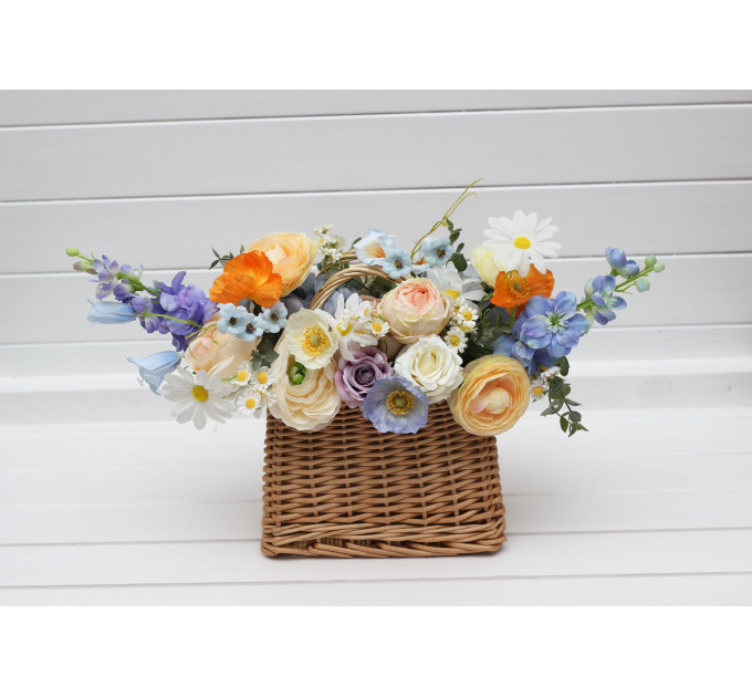 Bridesmaid Basket with Peach, Orange, Dusty Blue, Ivory, Lilac Flowers | Wildflower Wedding Bouquet
