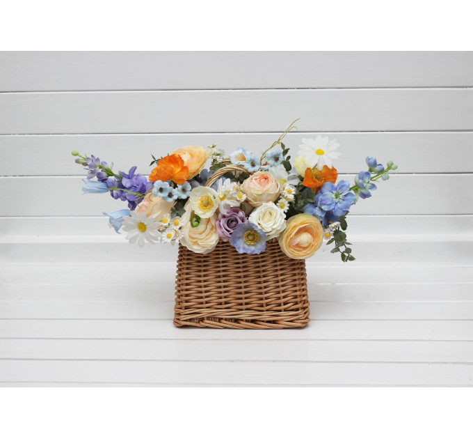 Bridesmaid Basket with Peach, Orange, Dusty Blue, Ivory, Lilac Flowers | Wildflower Wedding Bouquet