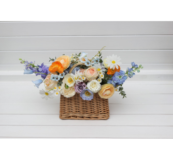 Bridesmaid Basket with Peach, Orange, Dusty Blue, Ivory, Lilac Flowers | Wildflower Wedding Bouquet