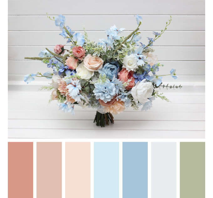 Peach, White & Dusty Blue Wildflower Bridal Bouquet | Faux Summer Wedding Flowers