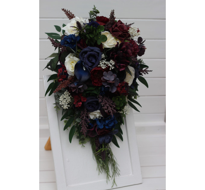 Purple, Ivory, Emerald, Burgundy & Navy Blue Cascading Bridal Bouquet in Dramatic Wedding Tones