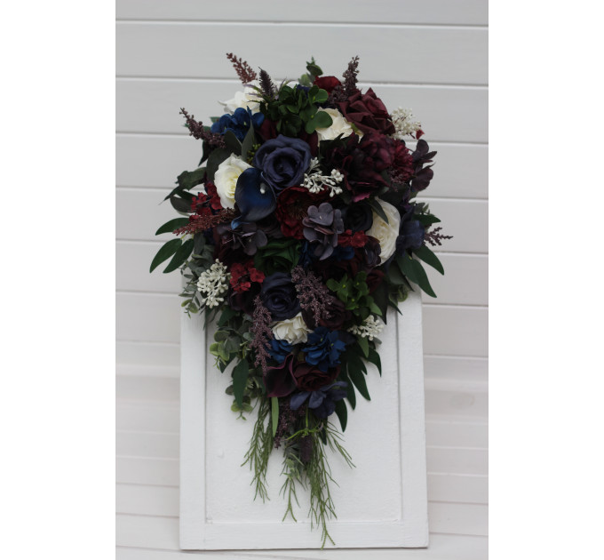 Purple, Ivory, Emerald, Burgundy & Navy Blue Cascading Bridal Bouquet in Dramatic Wedding Tones