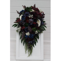 Purple ivory emerald burgundy navy blue bridal bouquet. Cascading artificial flower bouquet in dark and dramatic wedding colors. 5407
