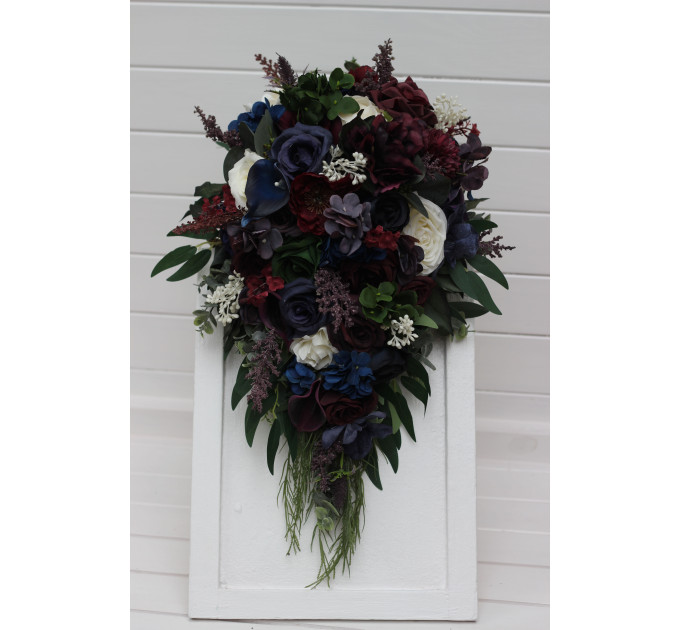 Purple, Ivory, Emerald, Burgundy & Navy Blue Cascading Bridal Bouquet in Dramatic Wedding Tones