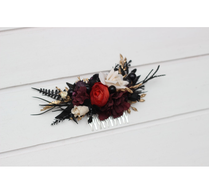 Flower Comb in Black, Rust & Gold Color Scheme | Bridal and Bridesmaid Floral Comb for Gothic Wedding