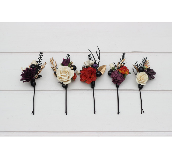 Set of 5 Bobby Pins in Black, Gold, Purple, Ivory & Rust Color Scheme | Flower Hair Pins for Bridesmaids