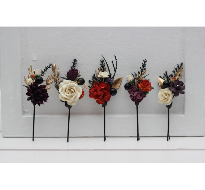 Set of 5 Bobby Pins in Black, Gold, Purple, Ivory & Rust Color Scheme | Flower Hair Pins for Bridesmaids