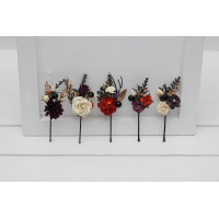  Set of  5  bobby pins in black gold purple ivory rust color scheme. Flower hair pins. Bridesmaid gift.  5014