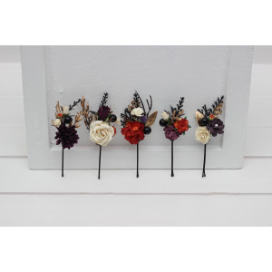  Set of  5  bobby pins in black gold purple ivory rust color scheme. Flower hair pins. Bridesmaid gift.  5014