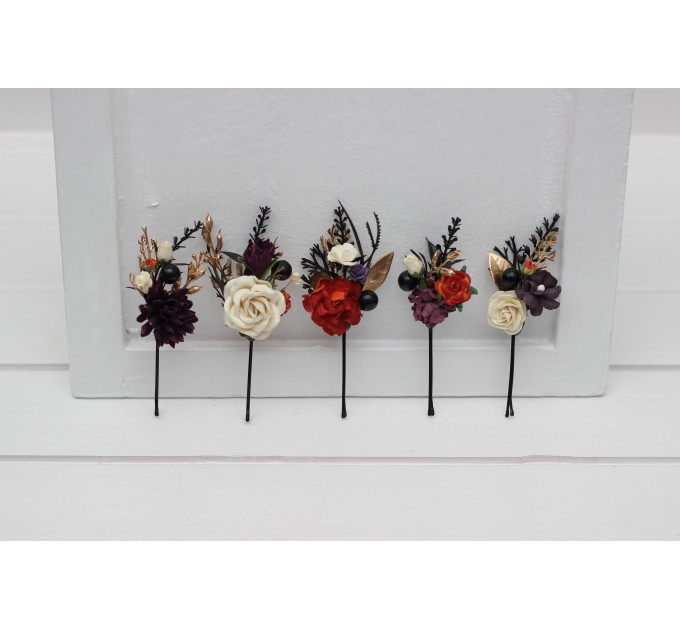 Set of 5 Bobby Pins in Black, Gold, Purple, Ivory & Rust Color Scheme | Flower Hair Pins for Bridesmaids