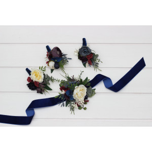  Wedding boutonnieres and wrist corsage  in purple ivory emerald burgundy navy blue color scheme. Flower accessories. 5407